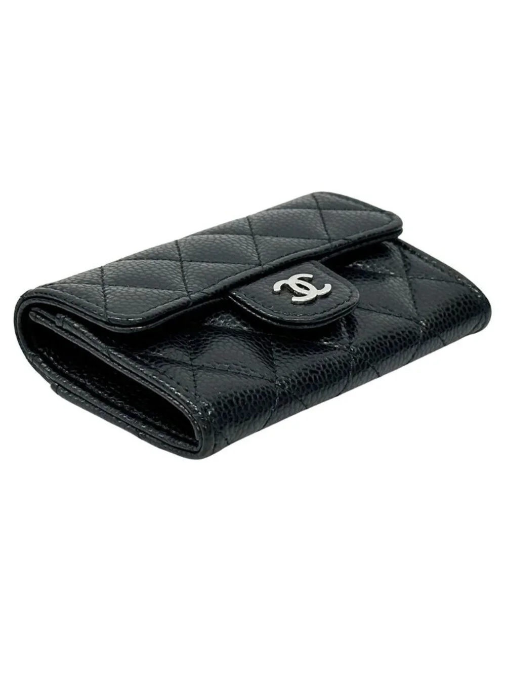 Chanel Card Case Quilted Caviar Leather Black Silver Business Holder Compact